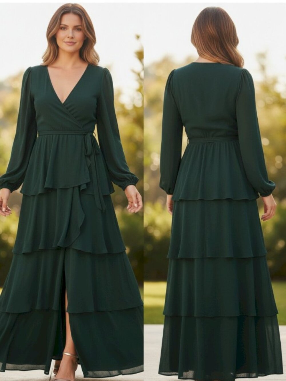 Lulus Marvelous Grace Emerald Long Sleeve Tiered Wrap Maxi Dress Size Small New - Picture 4 of 7